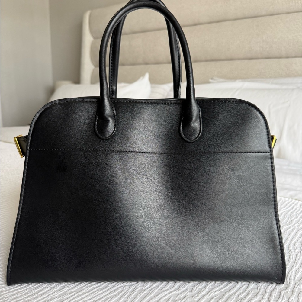 The Row Margaux Inspired Black Leather Drawstring Pouch with Gold Accents - Picture 12 of 14